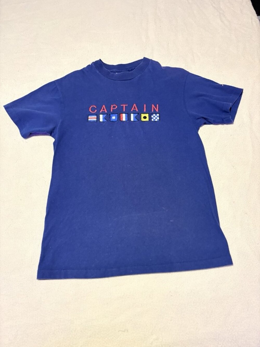 Vintage Hanes Captain Nautical Flags T Shirt USA Made Blue Small Y2K